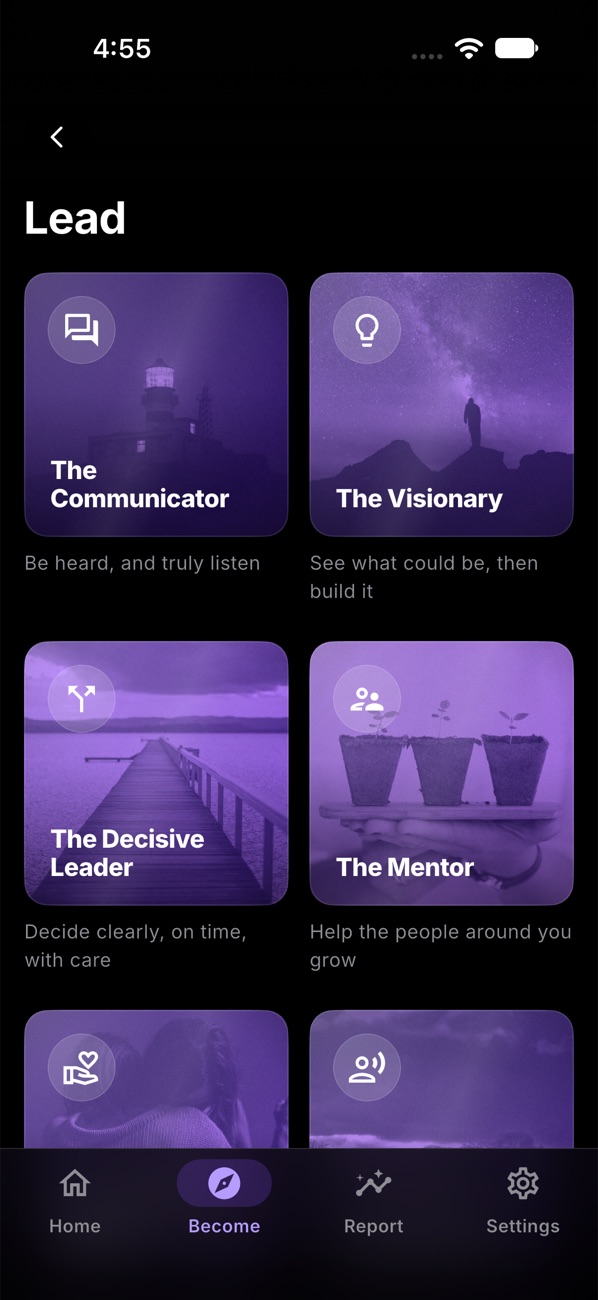 Vector's Become screen in dark mode: identities such as The Communicator and The Visionary, with photo covers