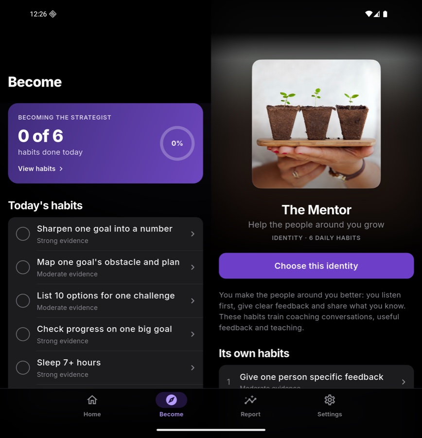 Vector on an unfolded foldable in dark mode: the Become page on the left and The Mentor's page on the right, meeting at the fold