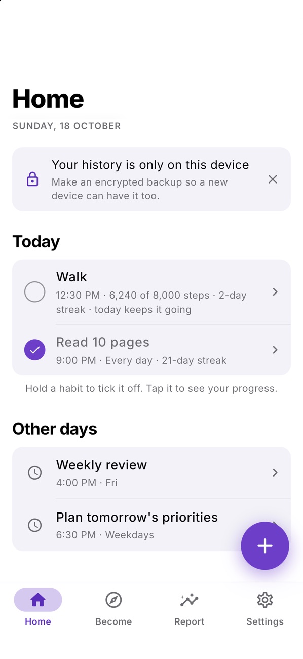 Vector's Home screen in light mode: today's habits with streaks