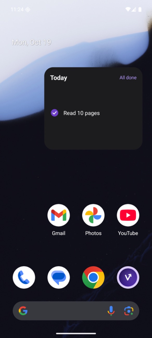 The Vector: Today widget on a home screen, in dark mode